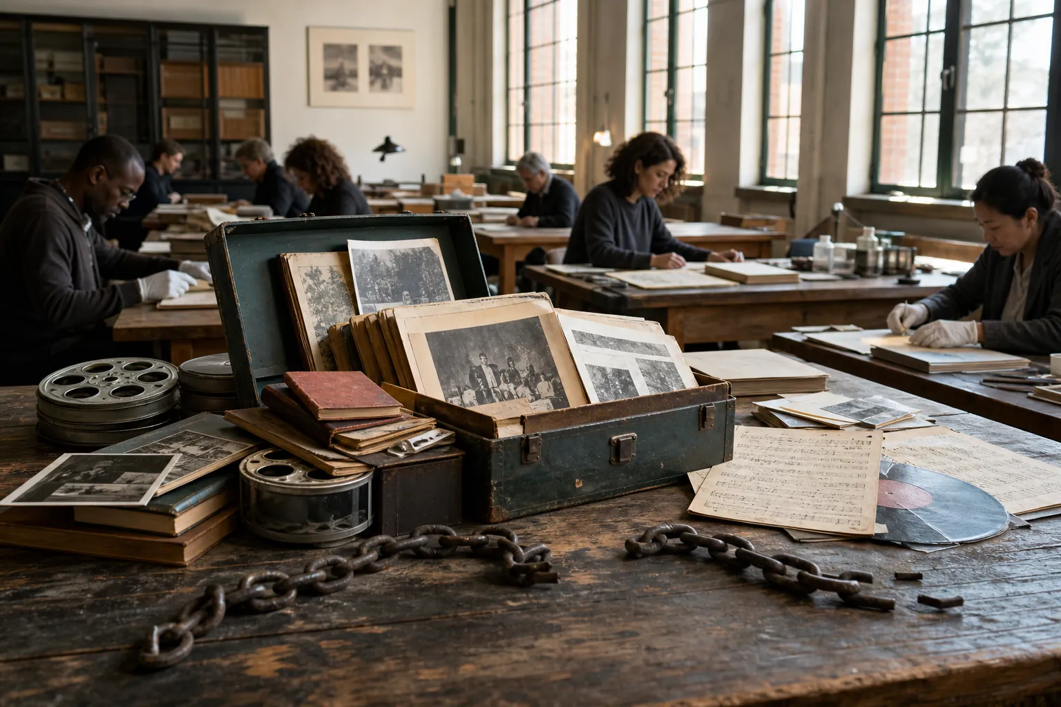 People restoring and studying cultural materials beside an opened chain