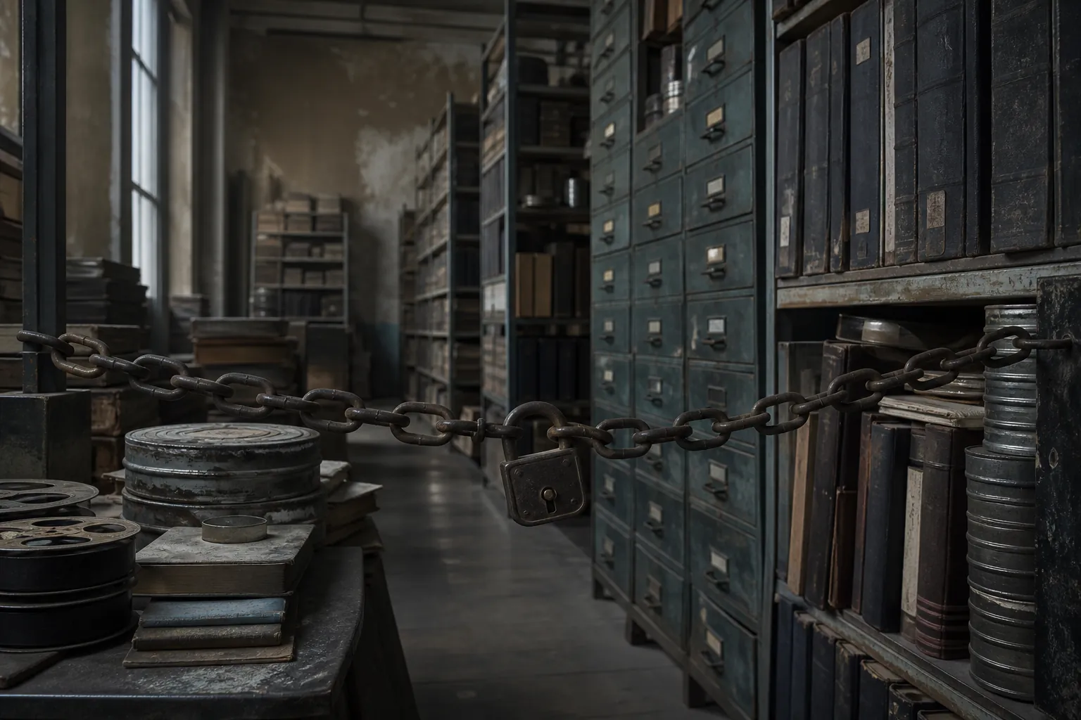An archival collection of books, film and records blocked by a chain and padlock